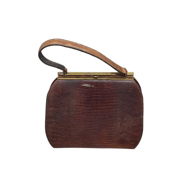 roos atkins Vintage Brown Faux Crocodile Leather Handbag Gold-Tone Metal READ - Picture 2 of 11